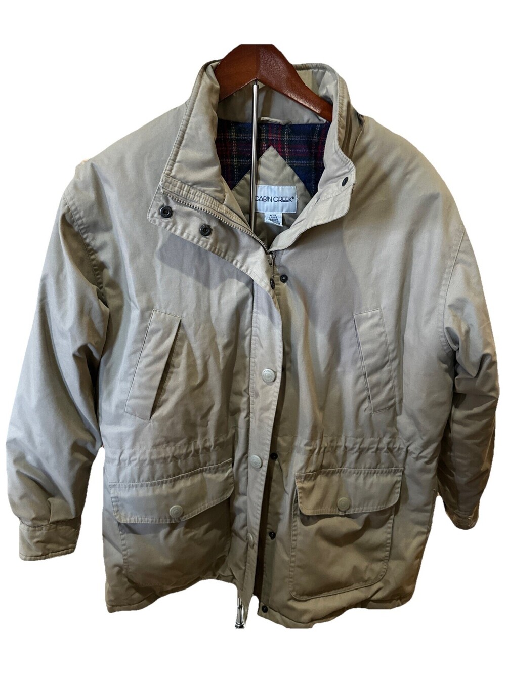 Vintage Cabin Creek Tan Utility Jacket Plaid Lined Button Zip Coat Women’s PL